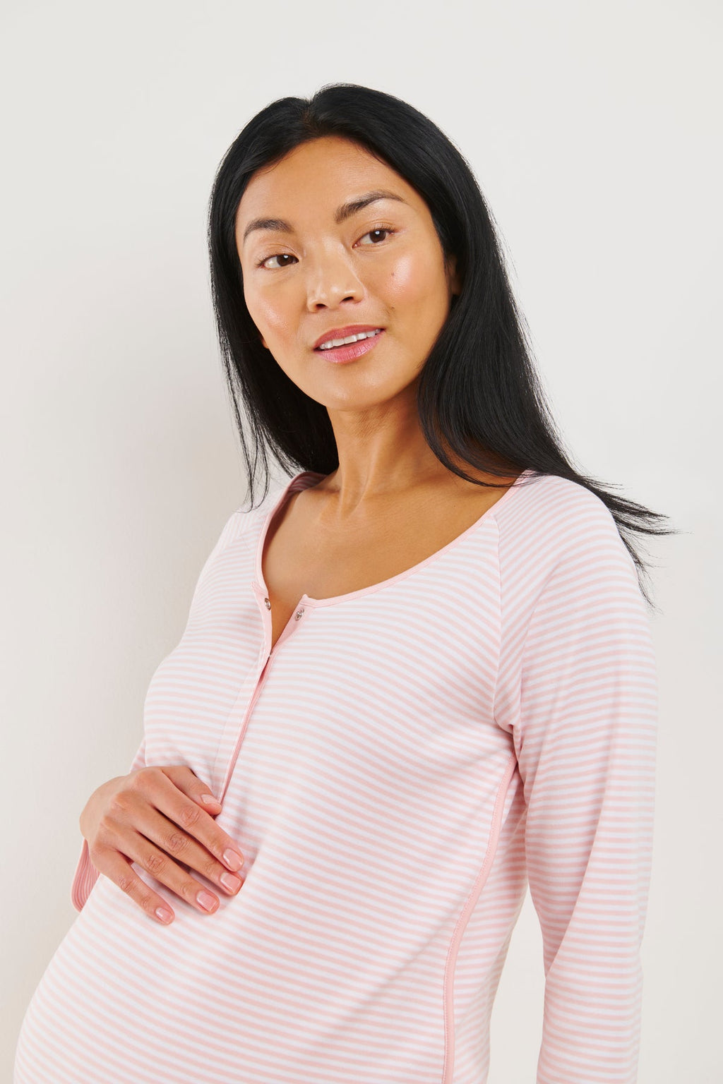 Pima Maternity Long Sleeve Nightgown in English Rose Stripe - Main Image 2