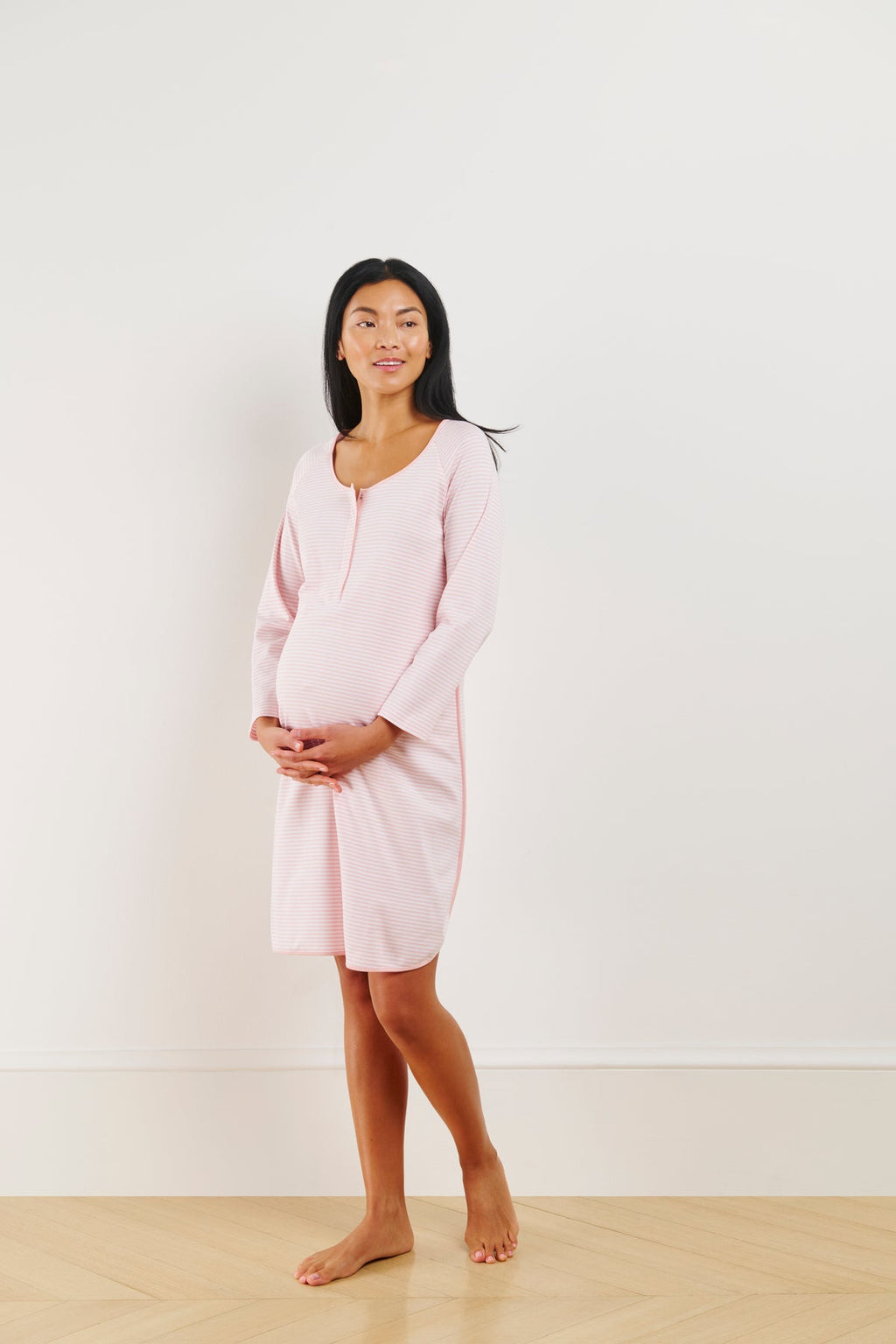 Pima Maternity Long Sleeve Nightgown in English Rose Stripe - Main Image 3