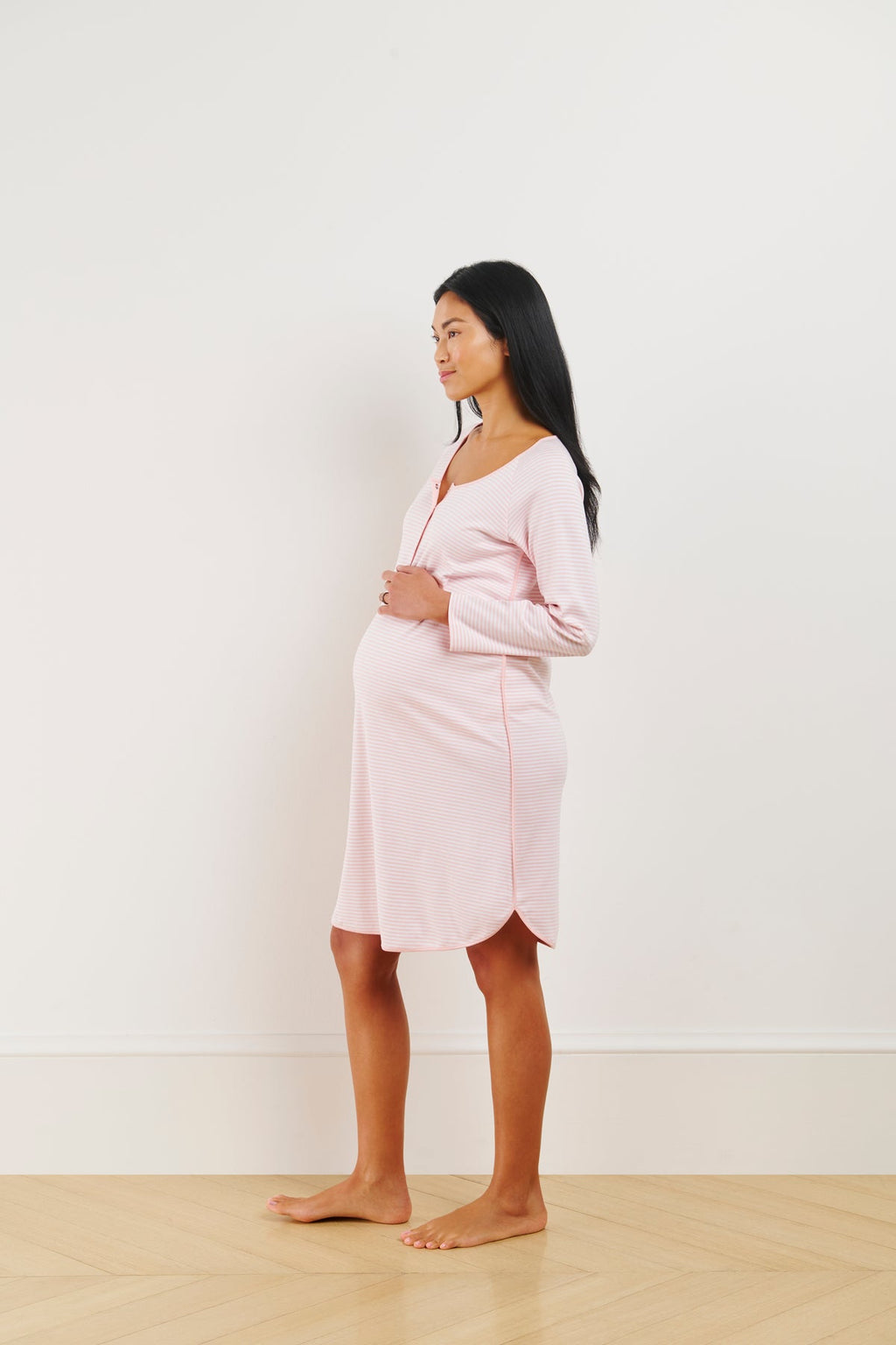Pima Maternity Long Sleeve Nightgown in English Rose Stripe - Main Image 1