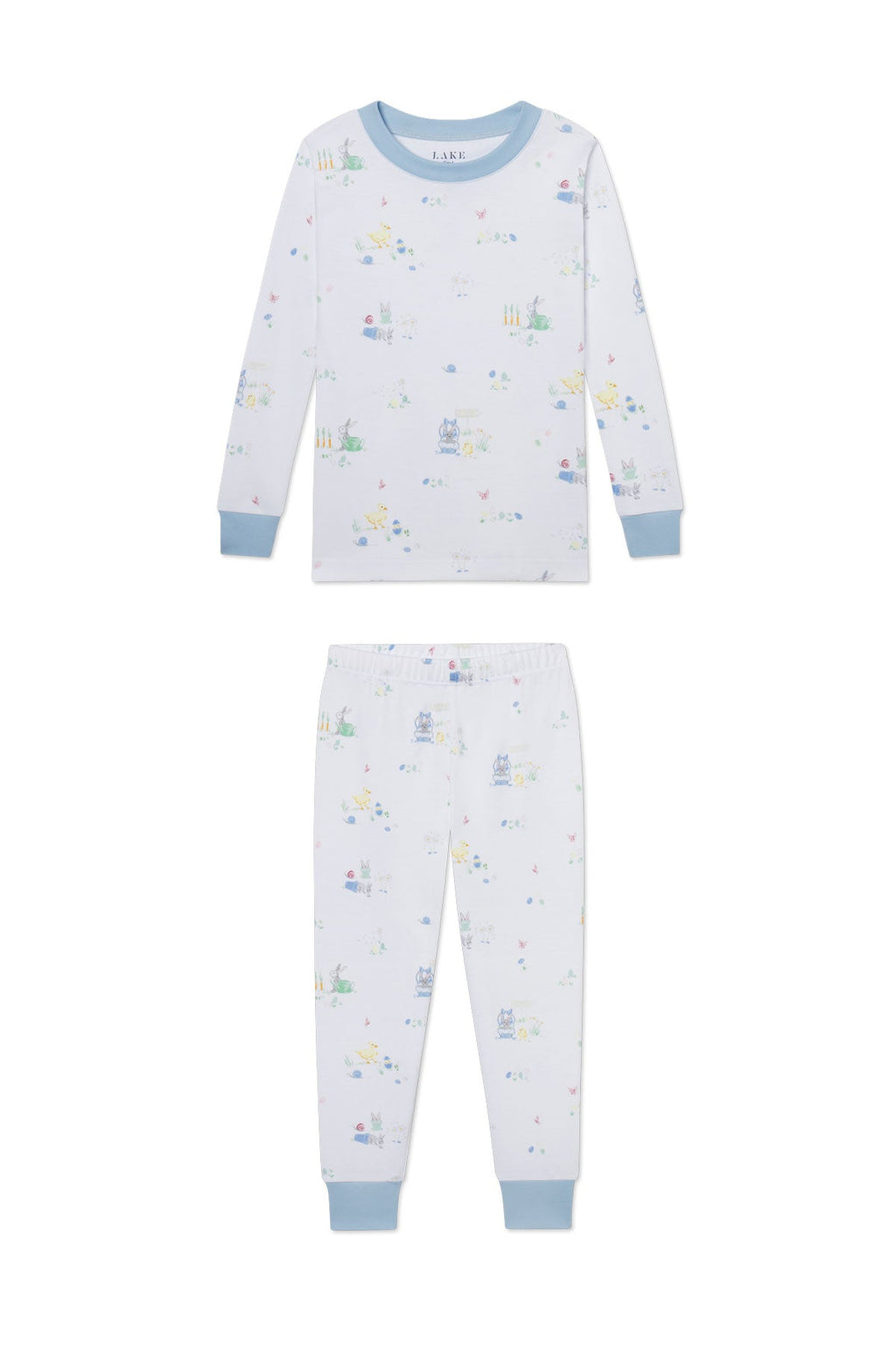 Kids Long-Long Set in Easter Egg Hunt shown laid flat on a white background. This children’s light blue Pima cotton pajama set features long sleeves, pants, solid blue cuffs and collar, and a colorful animal and nature print.