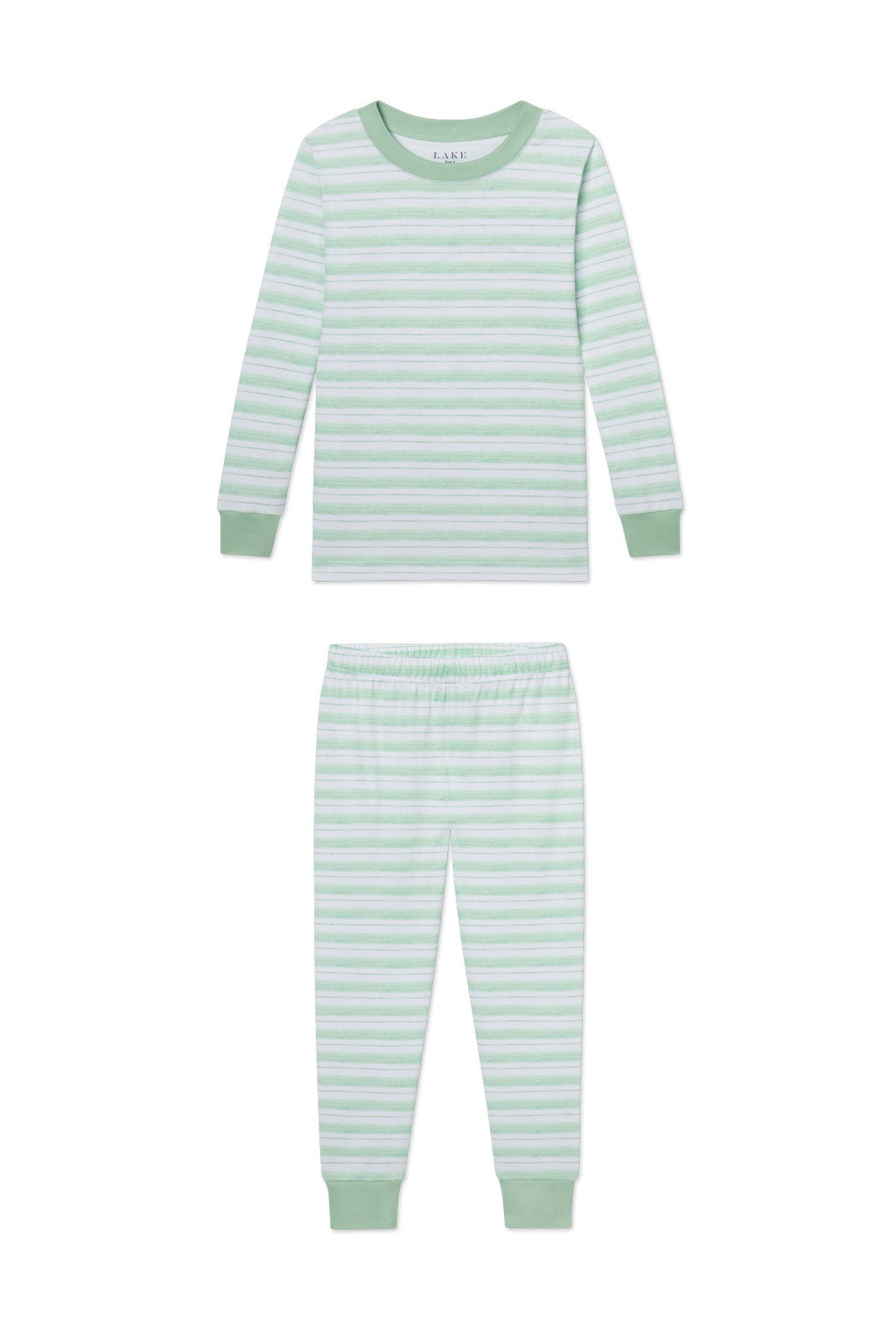 The Kids Long-Long Set in Parisian Green Picnic Stripe is made from 100% Pima cotton and features solid green cuffs on the sleeves, pants, and neckline. The set is shown laid flat on a white background.