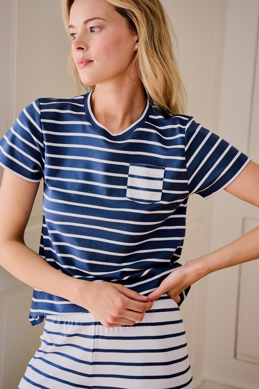 Pima Crew Wide Leg Pajama Set in Mixed Breton Stripe - Main Image 2