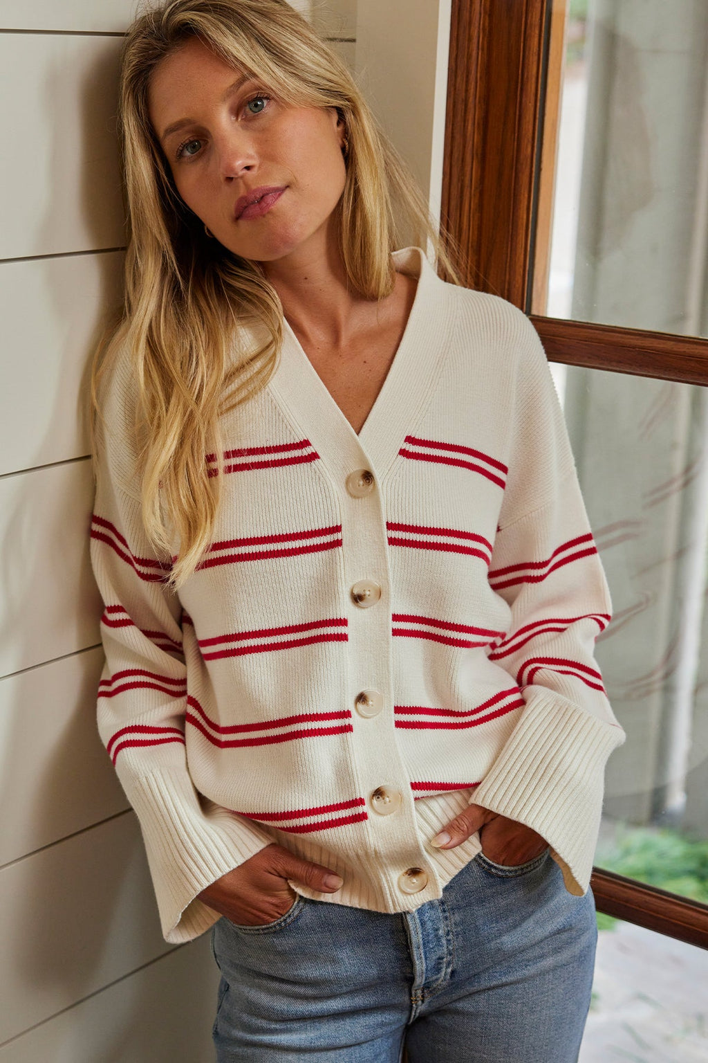 Nora Cotton Cardigan in Ivory Red Stripe - Main Image 5