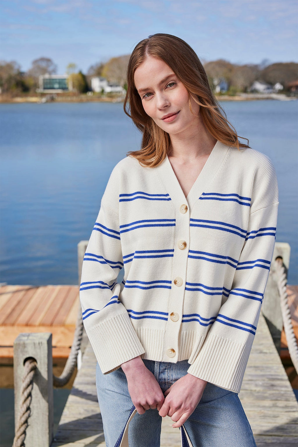Nora Cardigan in Ivory Caspian Stripe - Main Image 1