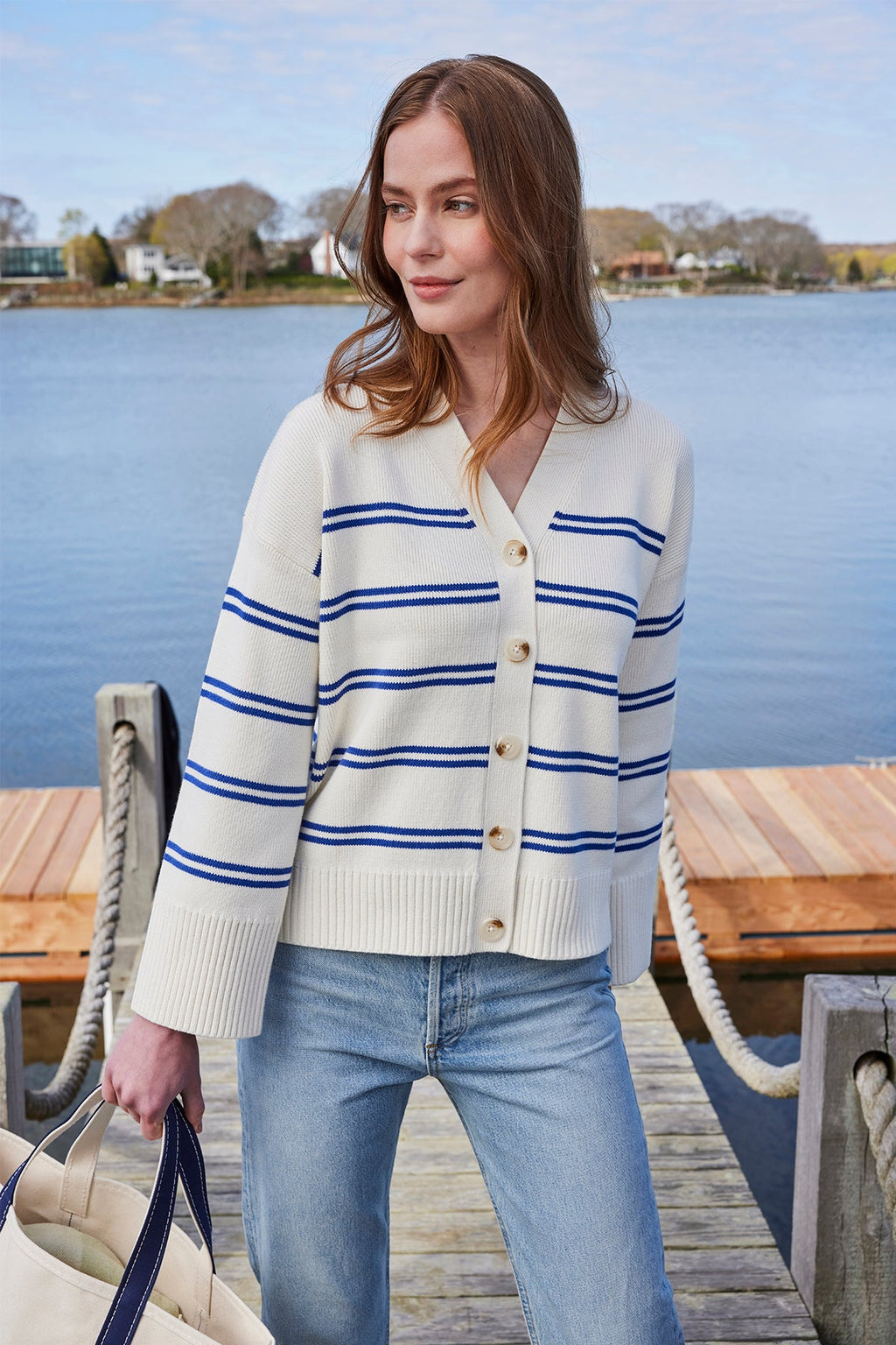 Nora Cardigan in Ivory Caspian Stripe - Main Image 3