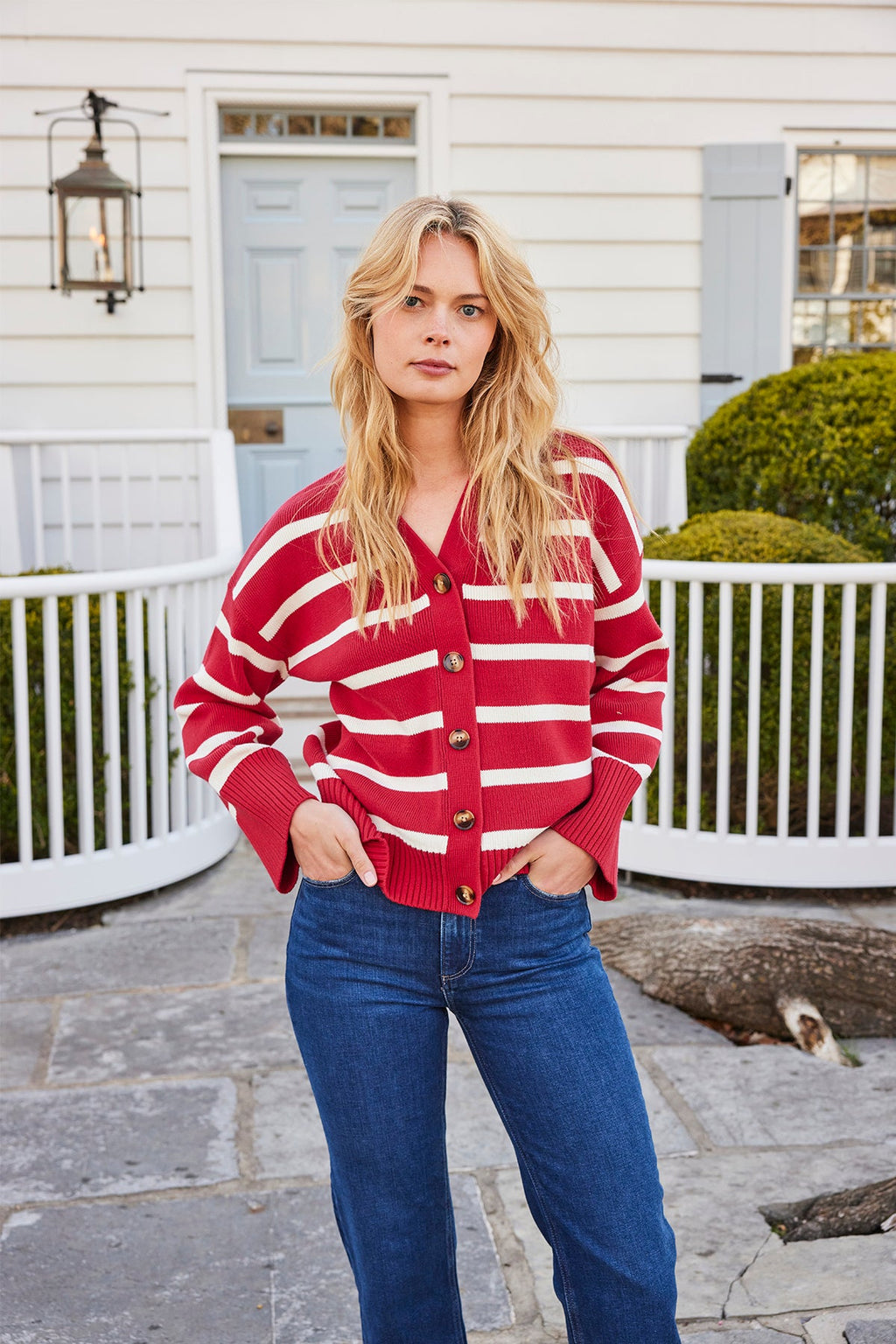 Nora Cardigan in Ivory Crimson Inverse Stripe - Main Image 3