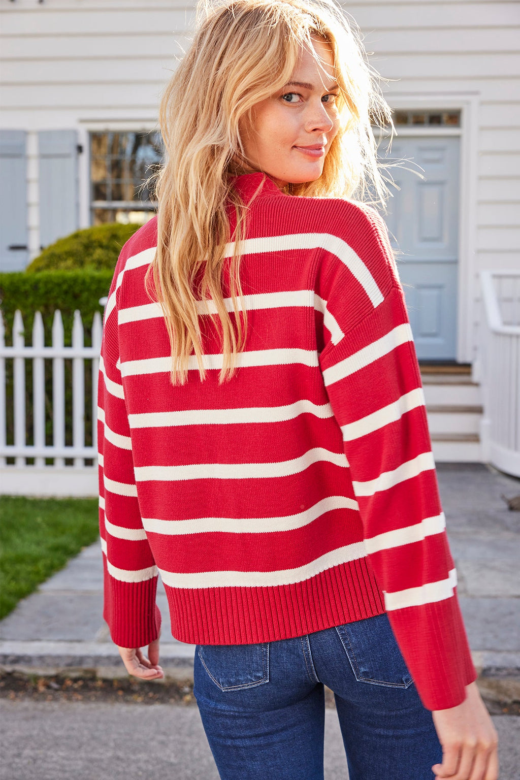 Nora Cardigan in Ivory Crimson Inverse Stripe - Main Image 5