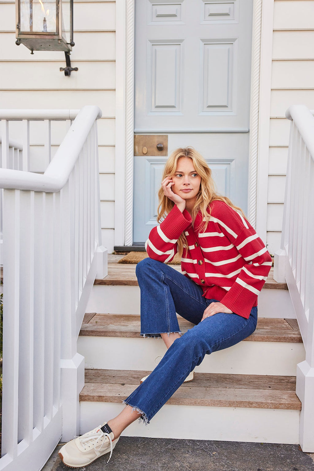 Nora Cardigan in Ivory Crimson Inverse Stripe - Main Image 4