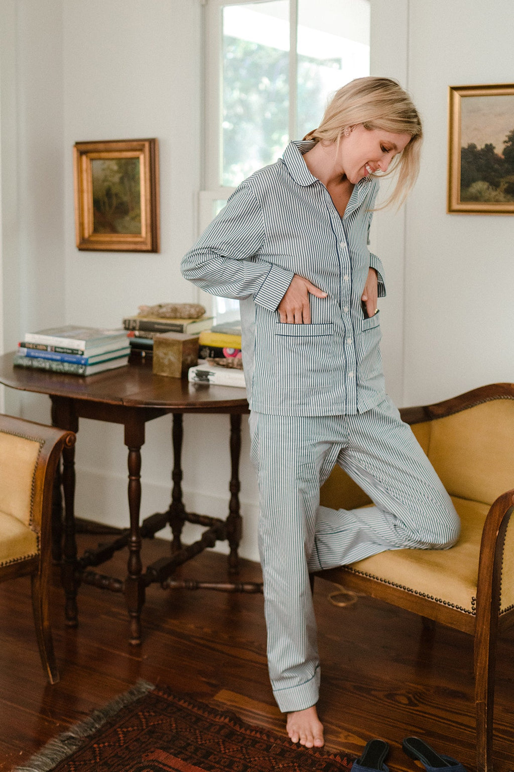 Poplin Piped Pants Set in Navy Stripe - Main Image 3