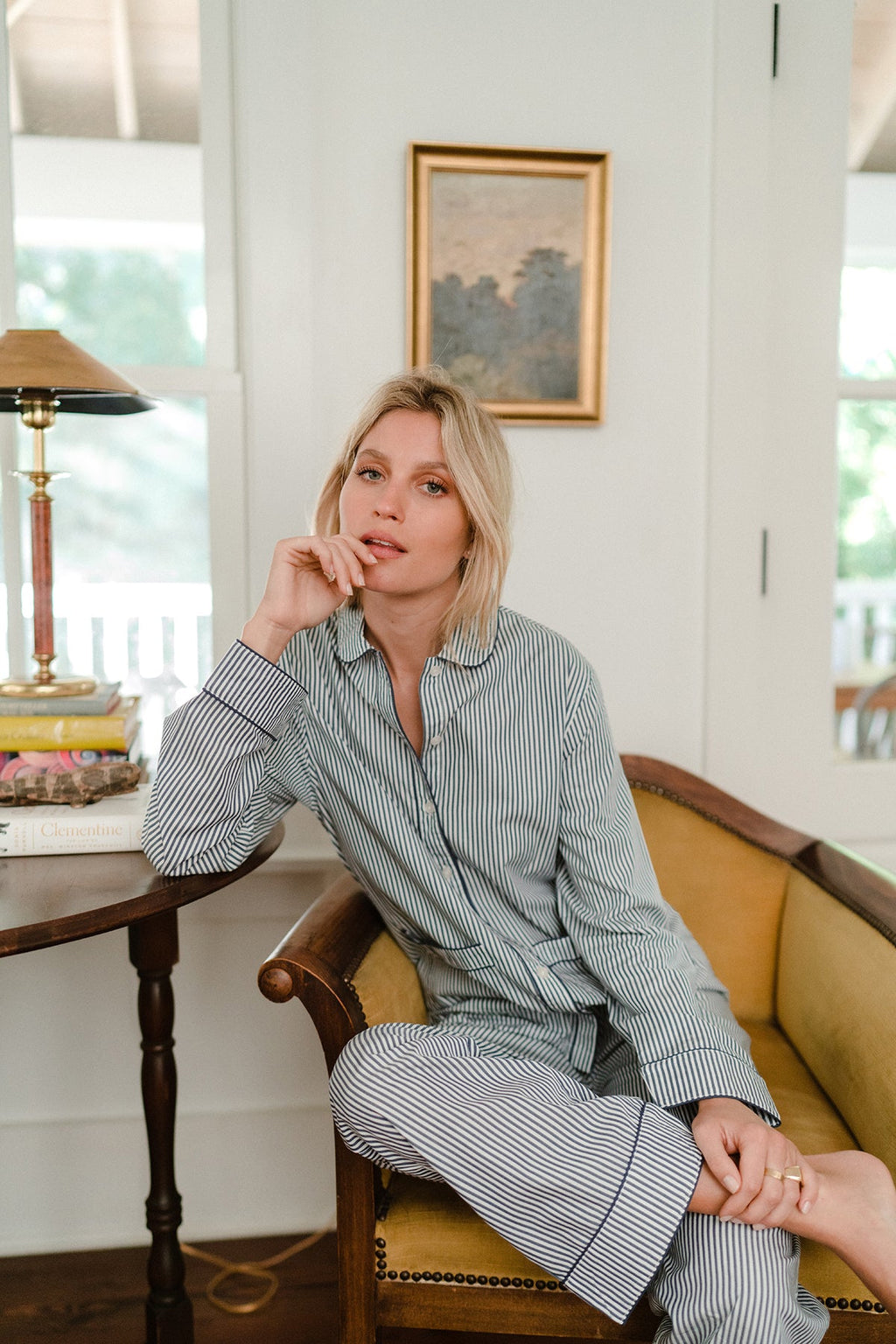 Poplin Piped Pants Set in Navy Stripe - Main Image 4