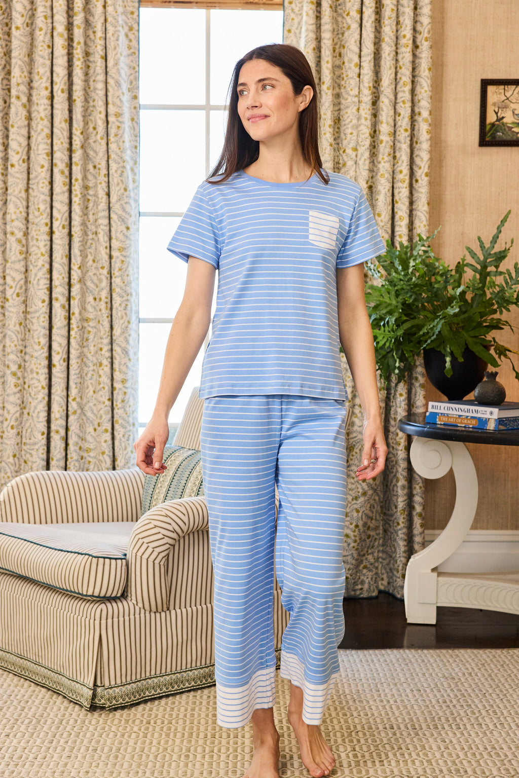 Pima Crew Wide Leg Pajama Set in Mixed Baltic Blue Stripe - Main Image 3