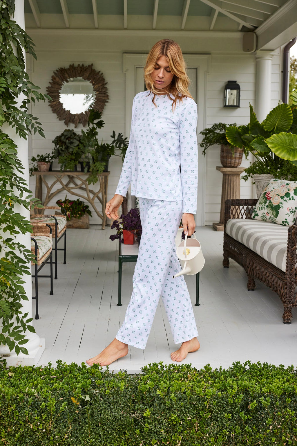 Pima Crew Long-Long Set in Boxwood Moroccan Blockprint - Main Image 1