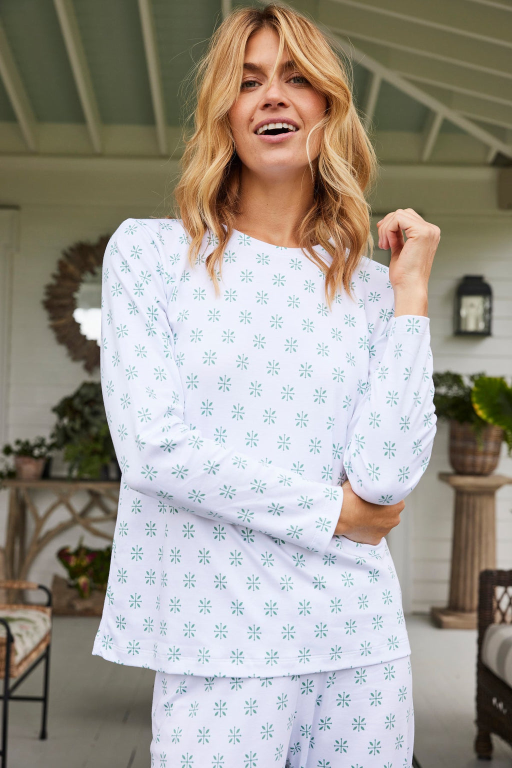 Pima Crew Long-Long Set in Boxwood Moroccan Blockprint - Main Image 3