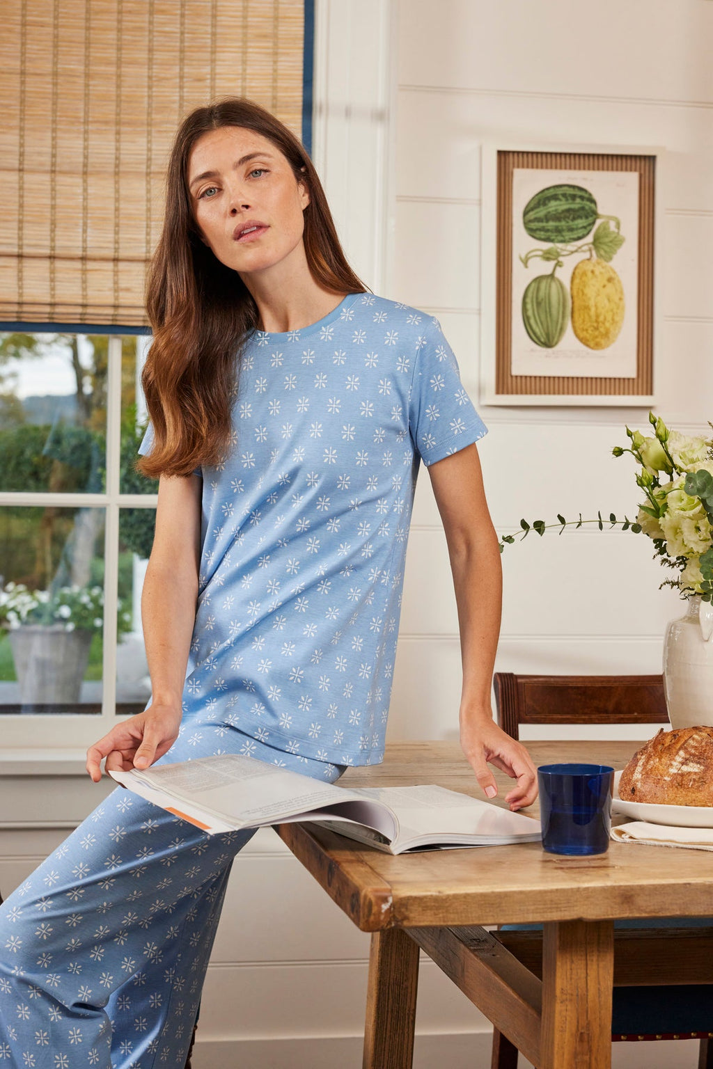Pima Crew Short-Long Set in Serene Blue Moroccan Blockprint - Main Image 2