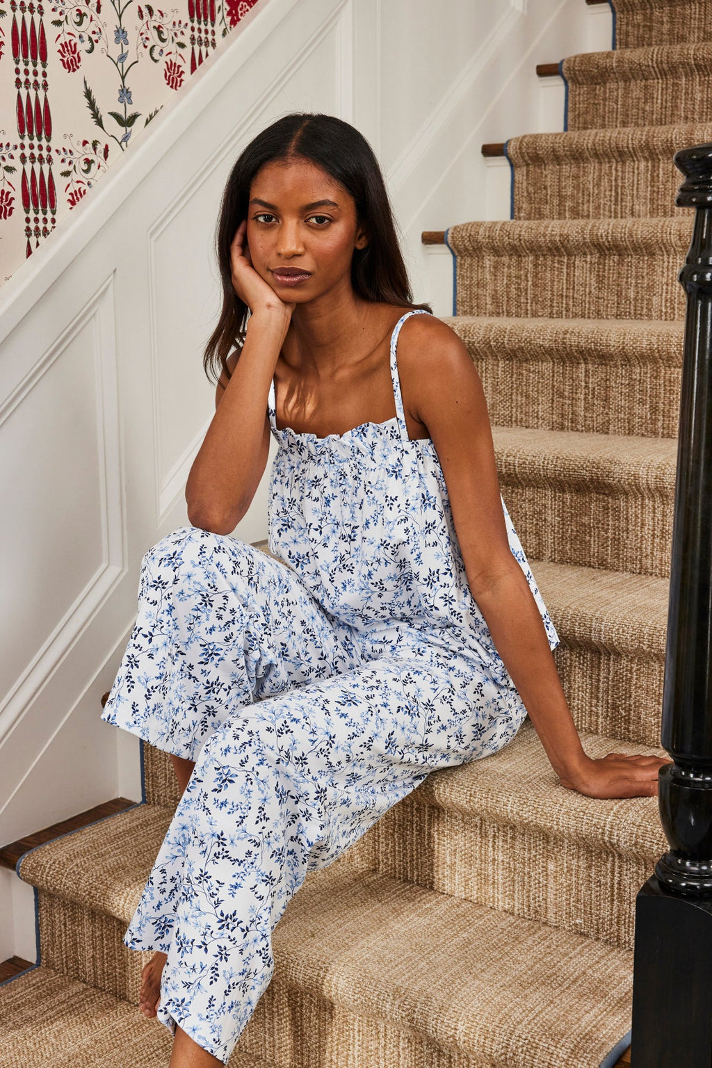 Pima Ruffle Pants Set in Serene Blue Botanical Vines - Main Image 3