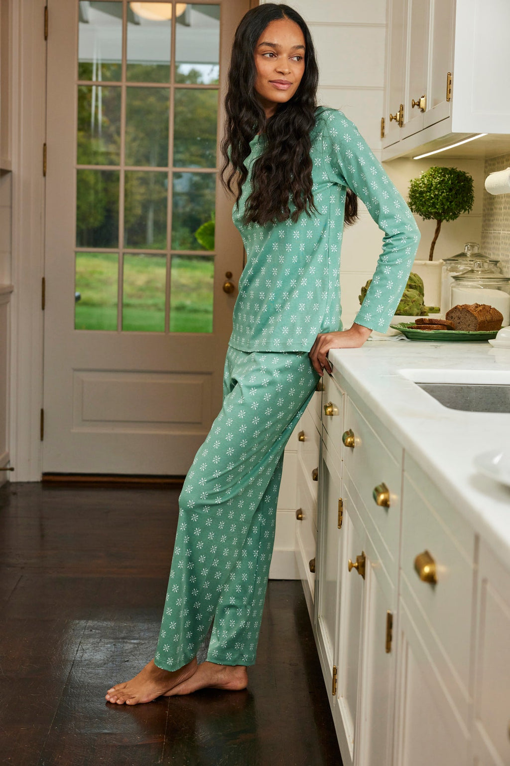 Pima Crew Long Sleeve Bundle in Boxwood Moroccan Blockprint - Main Image 3
