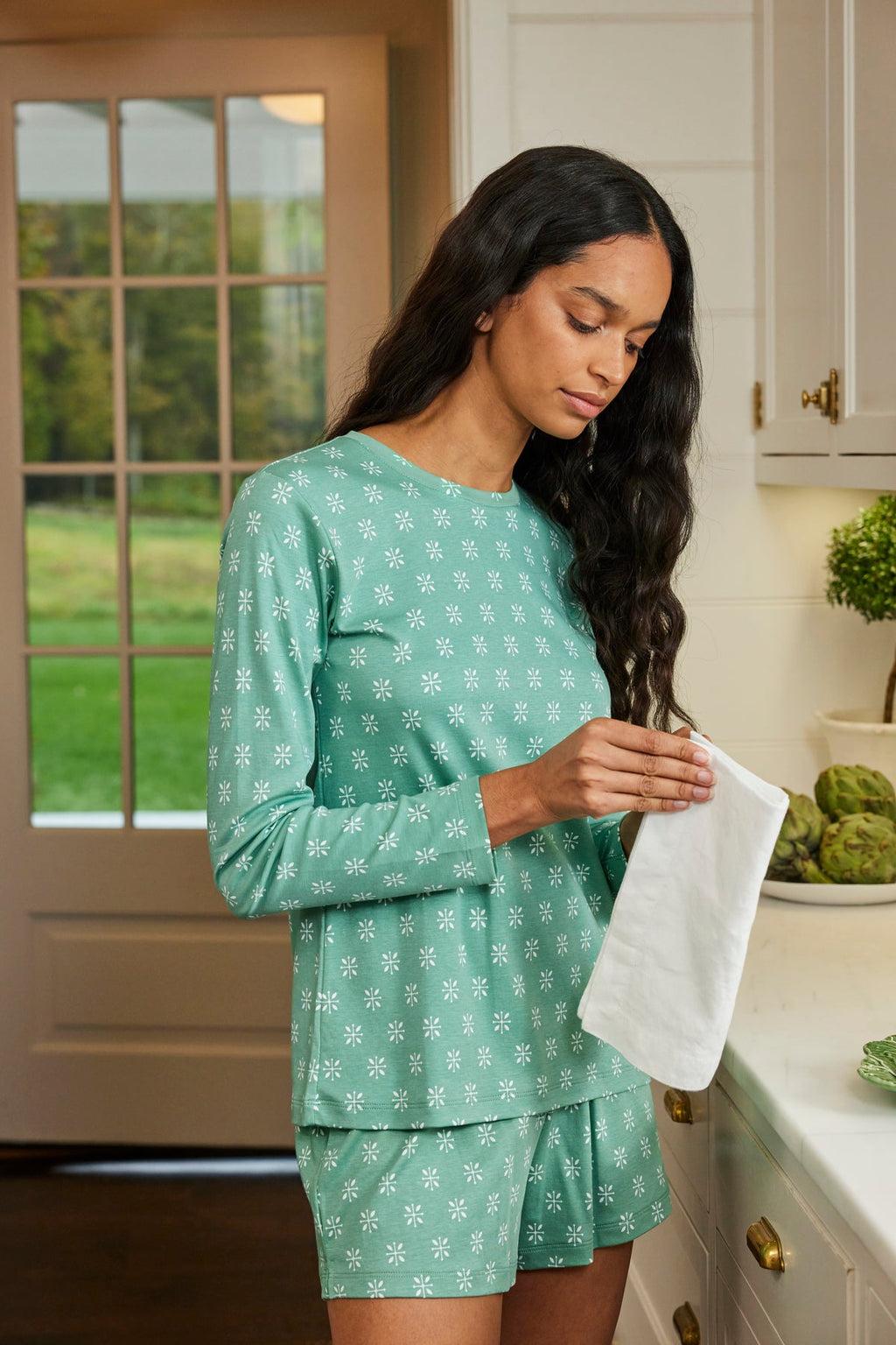 Pima Crew Long Sleeve Bundle in Boxwood Moroccan Blockprint - Main Image 2