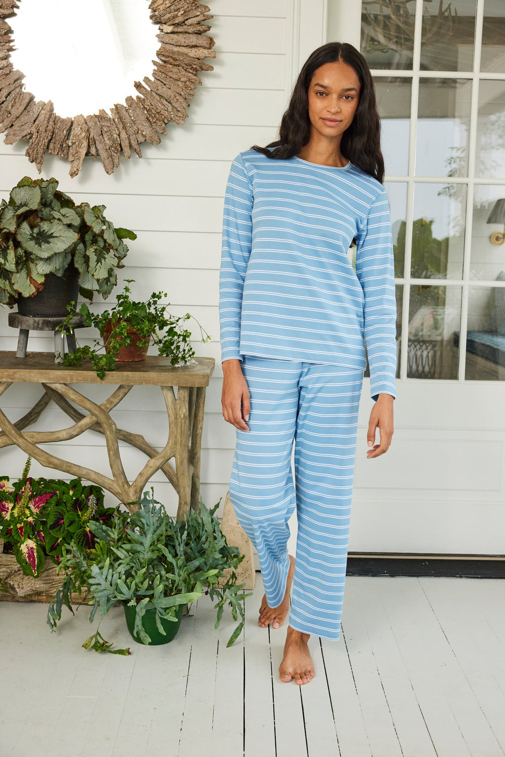 Pima Crew Long-Long Set in Serene Blue Tidal Stripe - Main Image 1