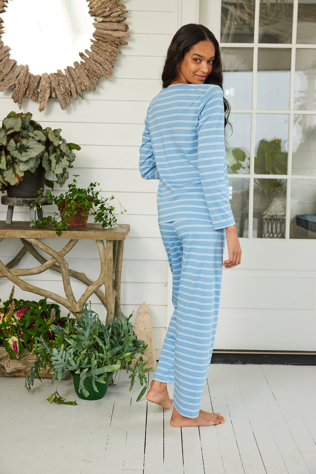 Pima Crew Long-Long Set in Serene Blue Tidal Stripe - Main Image 3