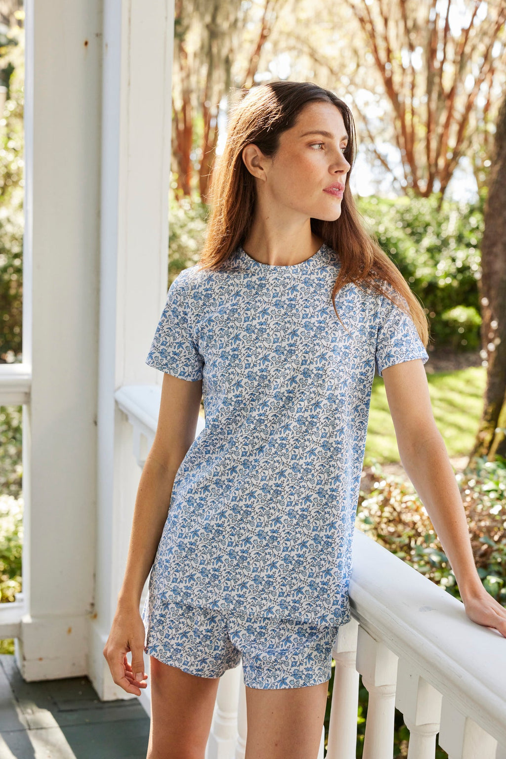 Pima Crew Shorts Set in Delft Blue Garden Floral - Main Image 1