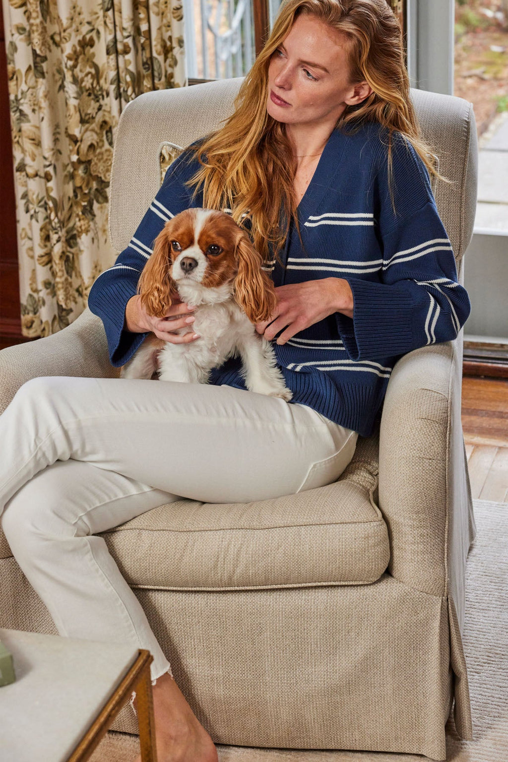 Nora Cotton Cardigan in Navy Ivory Stripe - Main Image 3
