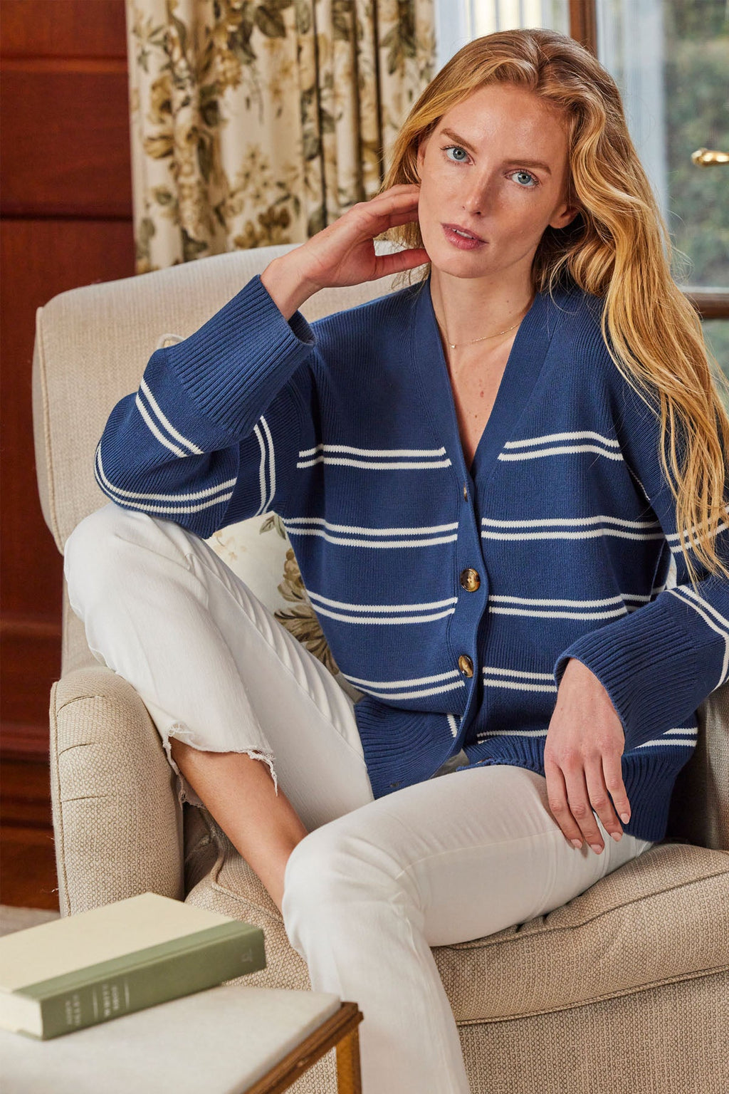 Nora Cotton Cardigan in Navy Ivory Stripe - Main Image 2