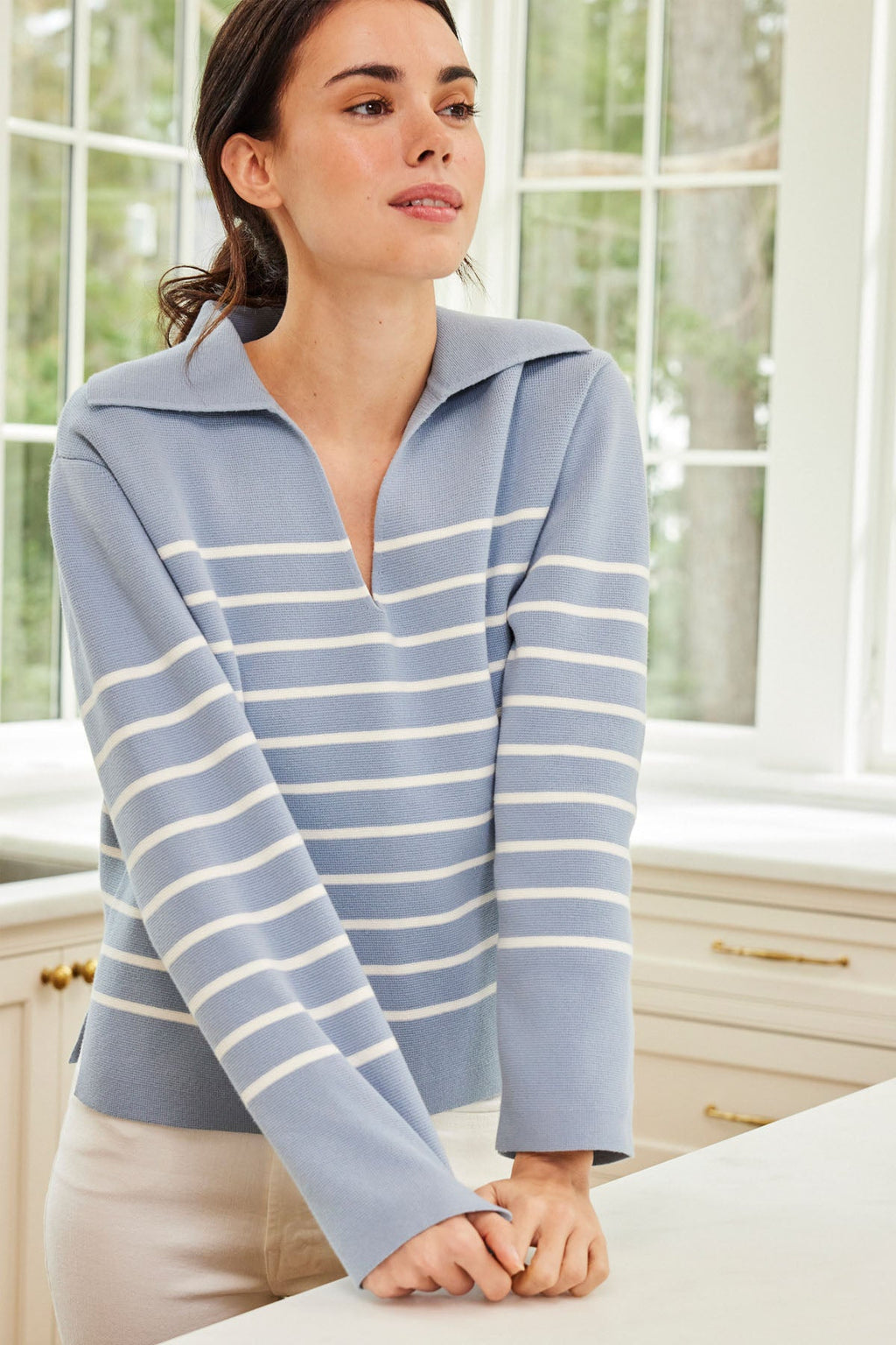 Lydia Cotton Sweater in Dusty Blue Ivory Stripe - Main Image 1